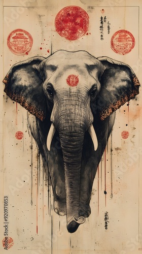 Auspicious Elephant and Traditional Symbols: An elephant surrounded by traditional auspicious symbols, rendered in ancient brushwork, representing power and prosperity