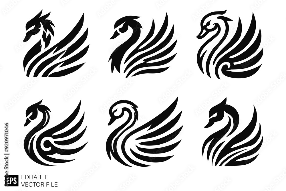 set of swan logo Illustrations Clip Art Graphic Design Elements Black and White Vector Silhouette set of swan logo Illustrations Clip Art Graphic Design Elements Black and White Vector Silhouette