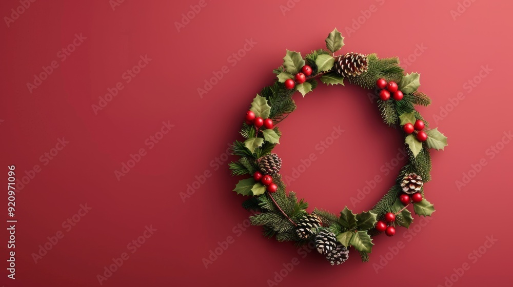Cozy Christmas Wreath with Holly and Pinecones on Red Background Cozy Christmas Wreath with Holly and Pinecones on Red Background