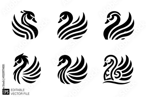 set of swan logo Illustrations Clip Art Graphic Design Elements Black and White Vector Silhouette