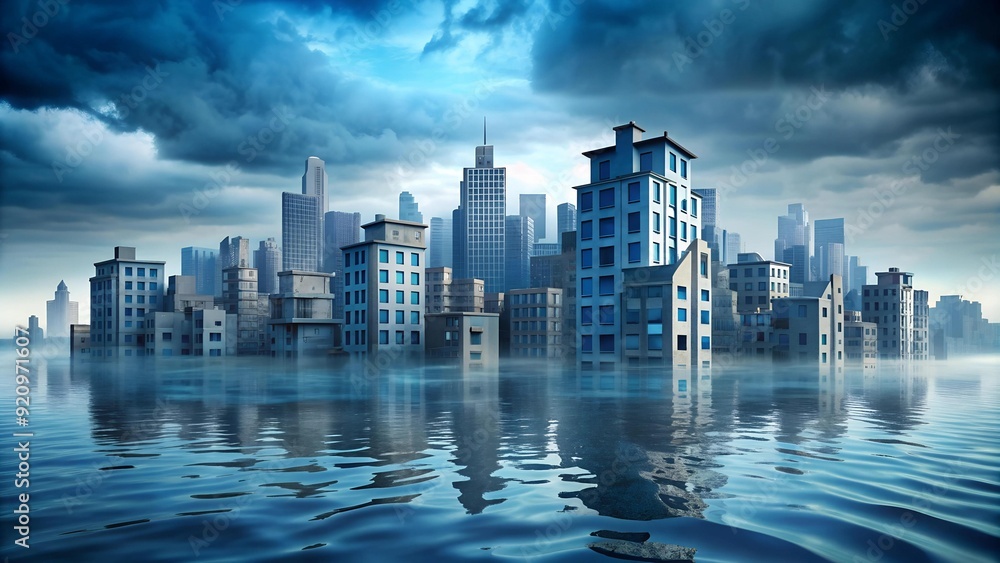 Obraz premium A hauntingly beautiful depiction of a flooded city, where buildings rise like ghostly islands from the swirling waters. AI generated