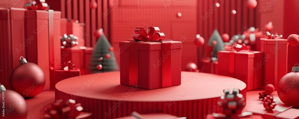 Red gift box with bow surrounded by floating gift boxes and Christmas ornaments Red gift box with bow surrounded by floating gift boxes and Christmas ornaments