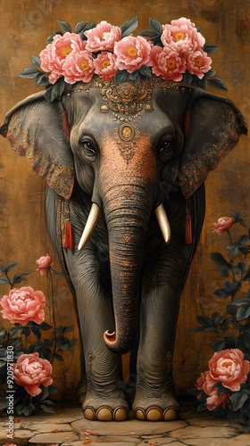 Auspicious Elephant and Peonies: An elephant with blooming peonies, rendered in ancient style, symbolizing power and prosperity