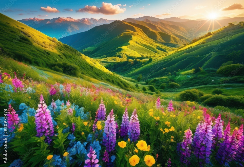Obraz premium stunning landscapes featuring lush colorful majestic mountains under clear skies, nature, scenery, greenery, flora, sky, cloud, sunlight, horizon