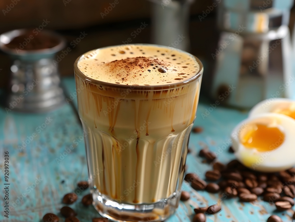 Close-up of Creamy Coffee Drink with Boiled Egg and Coffee Beans on Blue Wooden Table Close-up of Creamy Coffee Drink with Boiled Egg and Coffee Beans on Blue Wooden Table