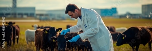 A veterinarian is meticulously examining cattle in a serene pastoral setting, showcasing the importance of animal care and expertise in agriculture, particularly related to livestock management