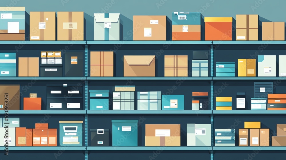 Shelves full of packages in a warehouse. Shelves full of packages in a warehouse.