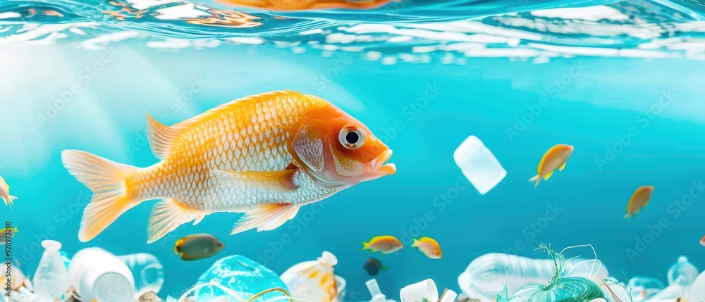 Naklejka premium Goldfish swimming surrounded by plastic waste in polluted water, highlighting environmental pollution and marine life struggles.