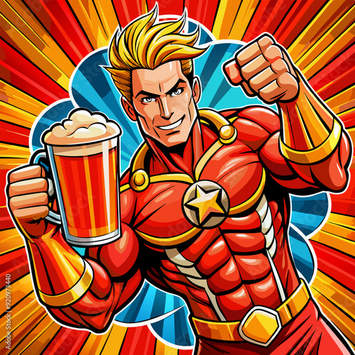  Pop art comic book style super hero punching with male superhero red costume poster design The superhero is holding a big beer mug. Oktoberfest illustration.