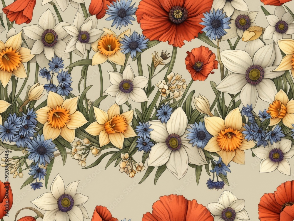 Vibrant Floral Pattern of Daffodils Larkspurs Poppies and Asters in Flowing Botanical Style Vibrant Floral Pattern of Daffodils Larkspurs Poppies and Asters in Flowing Botanical Style