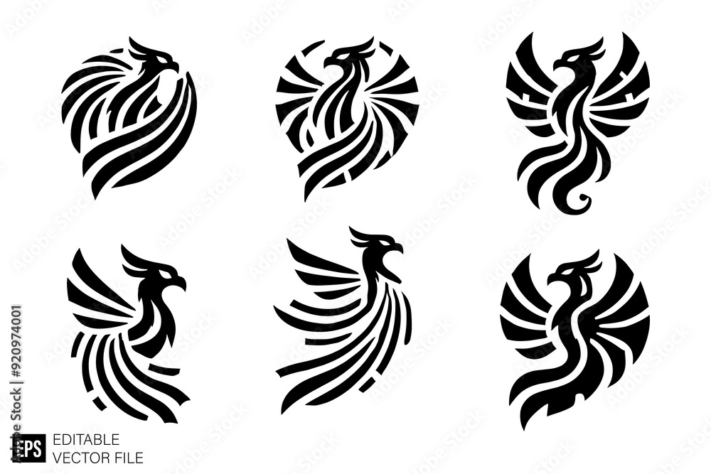 set of phoenix Black and White Vector Silhouette Illustrations Clip Art Graphic Design Elements set of phoenix Black and White Vector Silhouette Illustrations Clip Art Graphic Design Elements