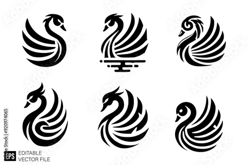 set of swan Black and White Vector Silhouette Illustrations Clip Art  Graphic Design Elements