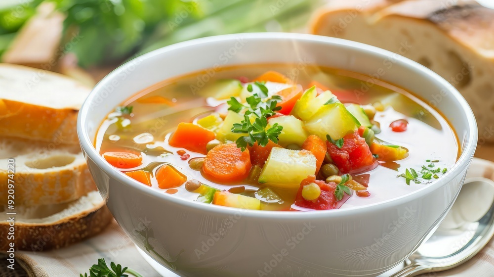 Bowl of Vegetable Soup with Steaming Broth Bowl of Vegetable Soup with Steaming Broth