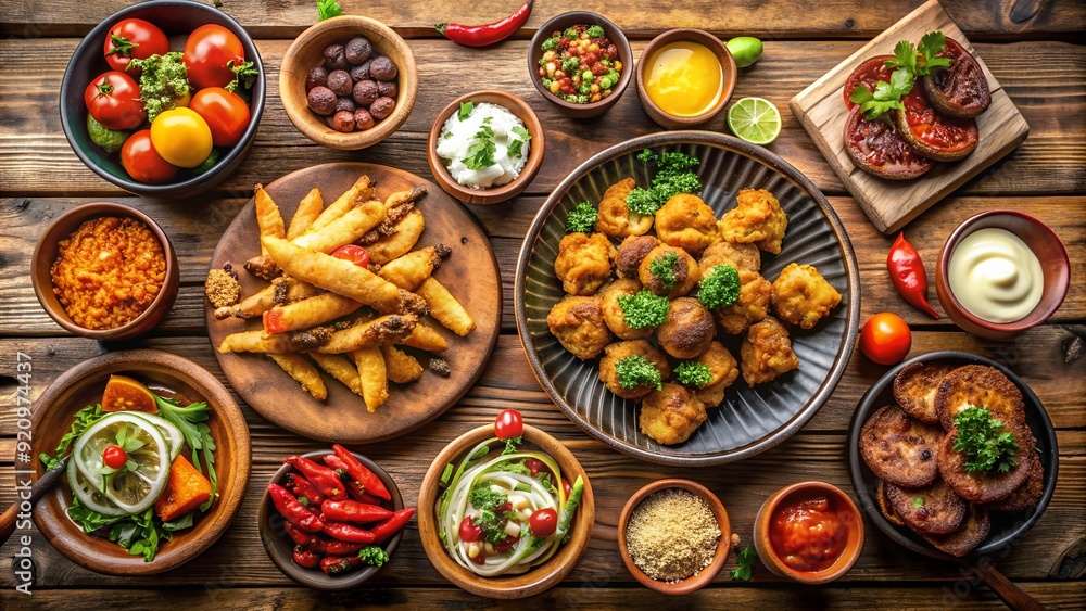 A Vibrant Display of Air Fryer Creations on a Farmhouse Table AI generated A Vibrant Display of Air Fryer Creations on a Farmhouse Table AI generated