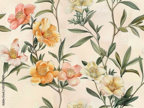 Vintage Botanical of Vibrant Floral Blossoms on Soft Beige Background