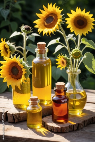 Some herbal oil bottles are placed on a rustic wooden table with many sunflowers, vertical composition