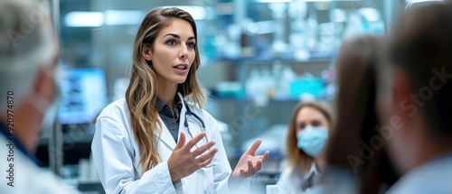 Female scientist leading a discussion with colleagues in a modern laboratory setting, emphasizing teamwork and scientific research.