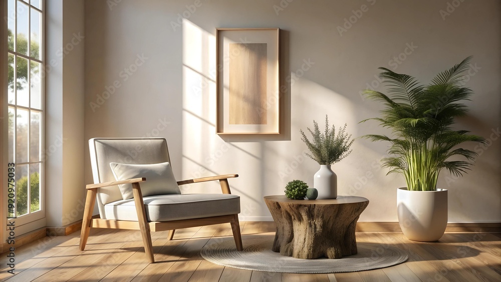 Rustic Minimalist Lounge Chair and Stump Table with Mockup Frame in a Sunlit Living Room generative AI Rustic Minimalist Lounge Chair and Stump Table with Mockup Frame in a Sunlit Living Room generative AI