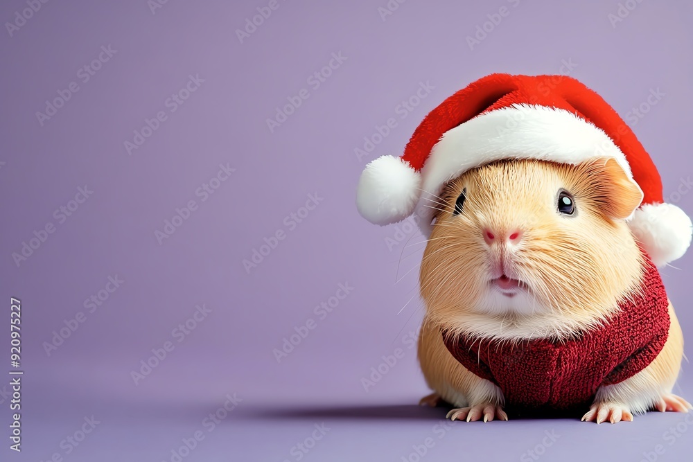 Adorable guinea pig wearing a Christmas hat and sweater, perfect for festive themes and seasonal decorations. Adorable guinea pig wearing a Christmas hat and sweater, perfect for festive themes and seasonal decorations.