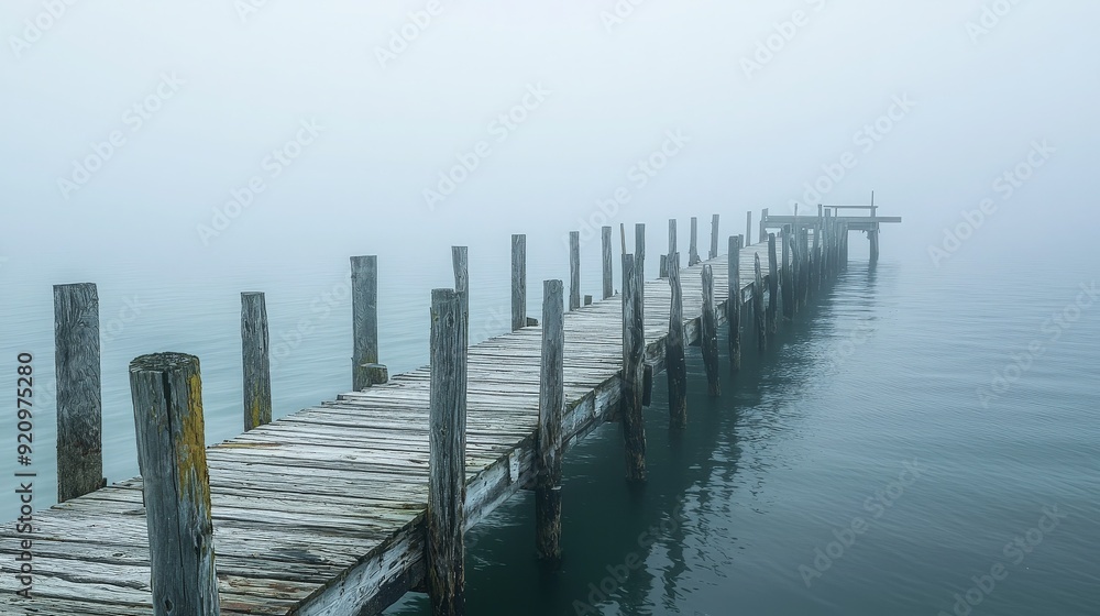 A serene wooden pier extends into a foggy lake, creating a tranquil atmosphere filled with mystery and calmness. A serene wooden pier extends into a foggy lake, creating a tranquil atmosphere filled with mystery and calmness.