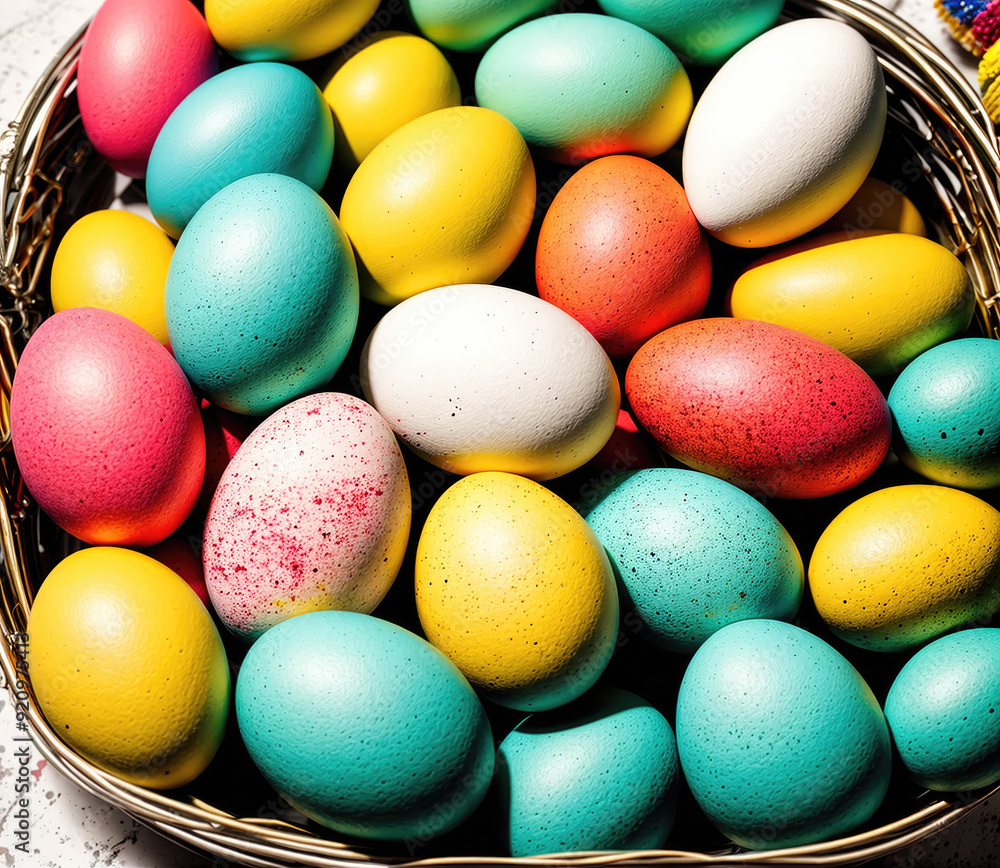 A basket full of colorful eggs, including blue, yellow, and white ones A basket full of colorful eggs, including blue, yellow, and white ones