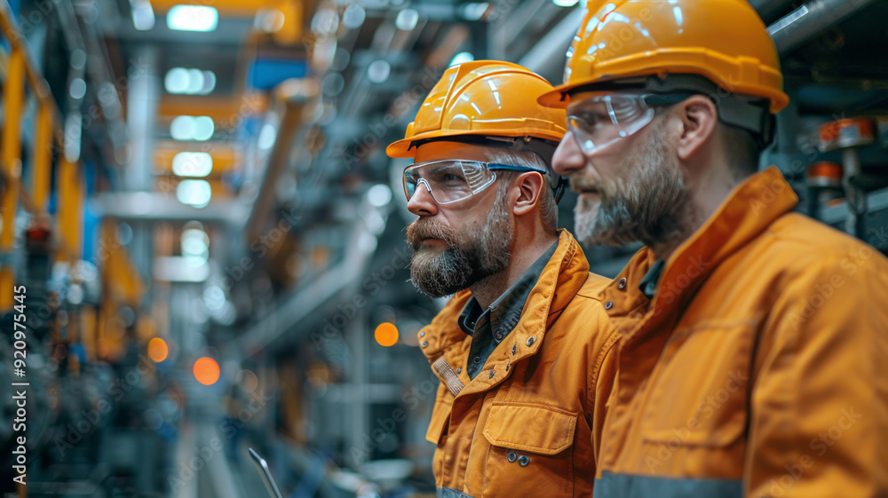 Two project managers standing in modern industrial factory, looking at laptop screen. Manufacturing facility with robotics, robotic arms and automation. Storing products and materials in warehouse. Two project managers standing in modern industrial factory, looking at laptop screen. Manufacturing facility with robotics, robotic arms and automation. Storing products and materials in warehouse.