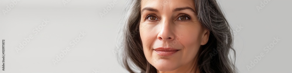 A woman with grey hair is smiling. She is wearing a scarf A woman with grey hair is smiling. She is wearing a scarf