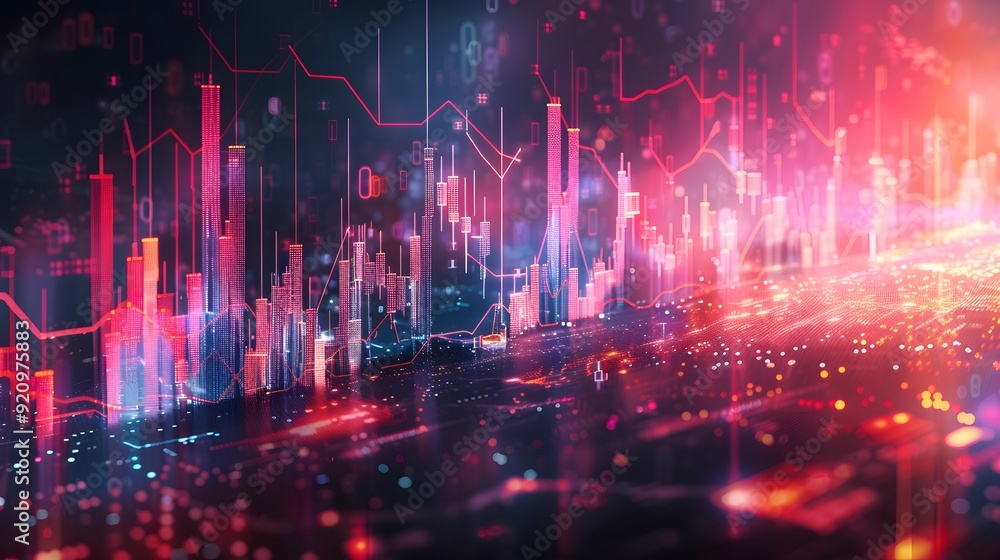 Fototapeta premium Stock Data with Urban Background and Analytical Charts, Illustrating Market Fluctuations