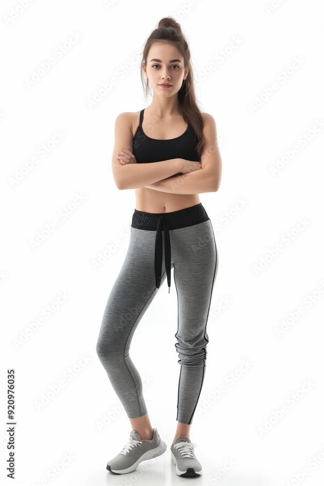 A woman is wearing black and gray workout clothes and is posing for a picture. She is standing with her arms crossed and looking straight ahead. Concept of determination and focus A woman is wearing black and gray workout clothes and is posing for a picture. She is standing with her arms crossed and looking straight ahead. Concept of determination and focus