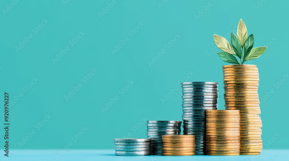 Stacks of coins arranged in ascending order with a plant growing on the highest stack, symbolizing growth and investment success on a turquoise background. Stacks of coins arranged in ascending order with a plant growing on the highest stack, symbolizing growth and investment success on a turquoise background.