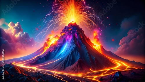 A Mesmerizing Abstract Volcano Spewing Neon Lava Generative AI