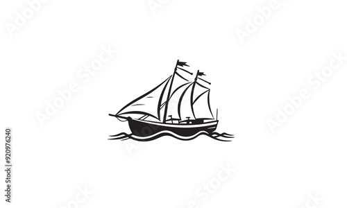 Simple Sailboat dhow boat ship on Sea Ocean Wave with Doodle black line art style for Sailing Travel Transport logo design white background