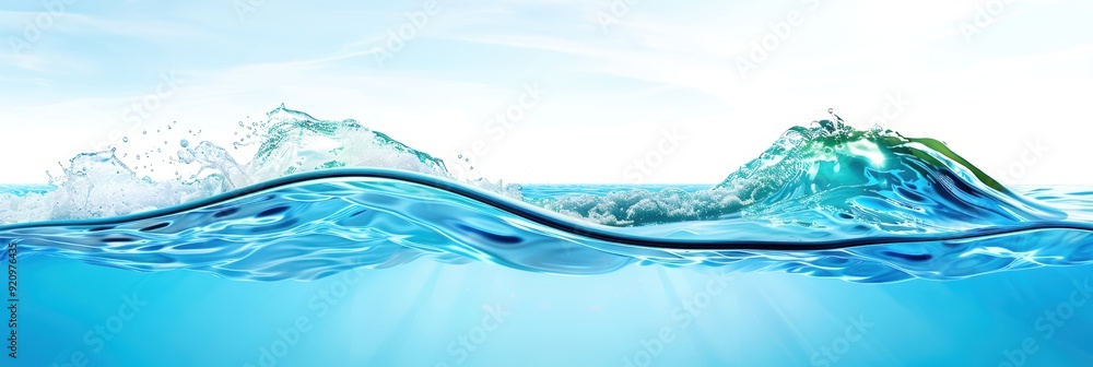 Panoramic view of crystal clear ocean waves under a sunny sky, capturing the beauty of nature and the serenity of the sea. Panoramic view of crystal clear ocean waves under a sunny sky, capturing the beauty of nature and the serenity of the sea.