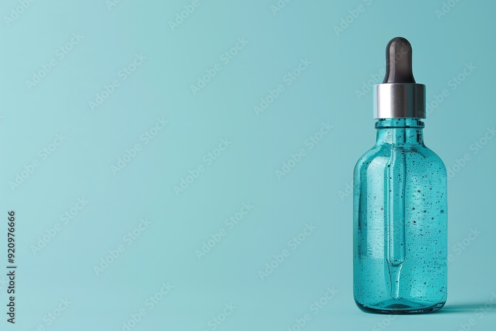 Serum bottle with large area for writing or background use on a light blue, spotless studio backdrop for beauty product advertisement purpose, Generative AI. Serum bottle with large area for writing or background use on a light blue, spotless studio backdrop for beauty product advertisement purpose, Generative AI.