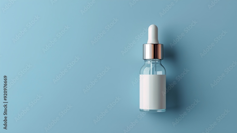 Serum bottle with large area for writing or background use on a light blue, spotless studio backdrop for beauty product advertisement purpose, Generative AI. Serum bottle with large area for writing or background use on a light blue, spotless studio backdrop for beauty product advertisement purpose, Generative AI.