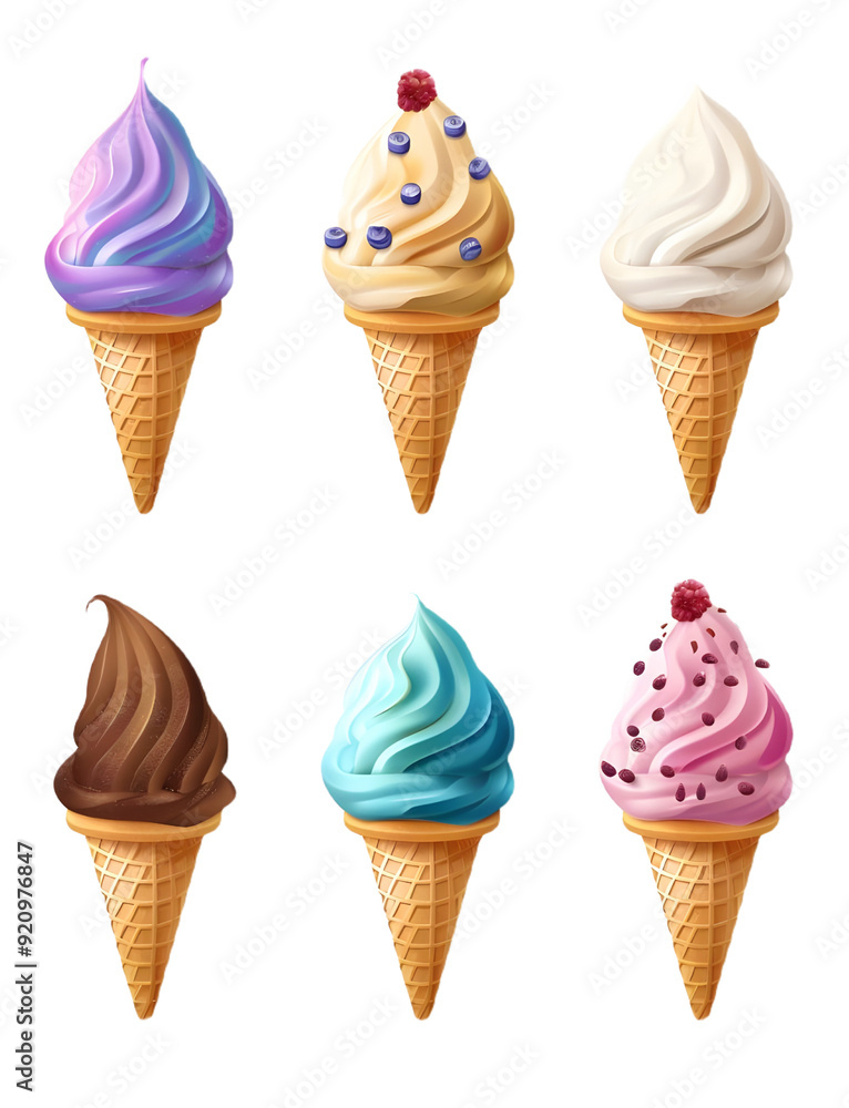 set of different colored vanilla cone ice cream Isolated on a white background. set of different colored vanilla cone ice cream Isolated on a white background.
