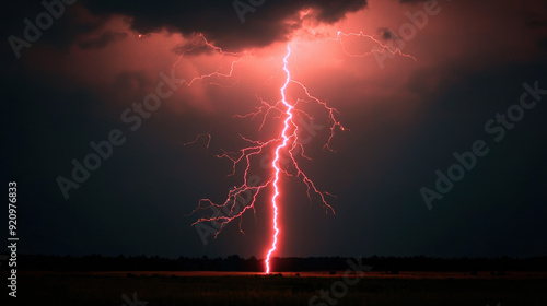 Dramatic red lightning bolt striking during a thunderstorm at night, illuminating dark clouds and landscape in a powerful display of nature. photo