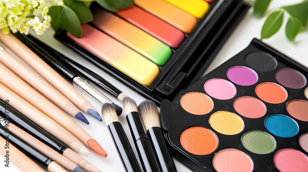 A professional art studio desk features vibrant watercolor palettes and brushes neatly arranged, with black cards ready for artistic expression A professional art studio desk features vibrant watercolor palettes and brushes neatly arranged, with black cards ready for artistic expression