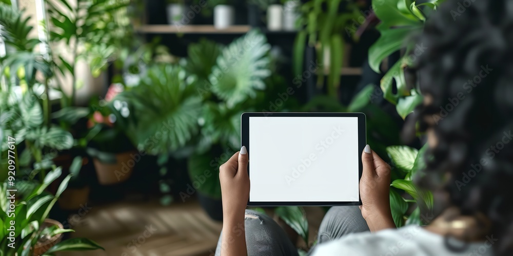 With a background of nature a woman's hand holding a blank white tab laying on sofa and a big space on it and backdrop both for textual use, Generative AI. With a background of nature a woman's hand holding a blank white tab laying on sofa and a big space on it and backdrop both for textual use, Generative AI.