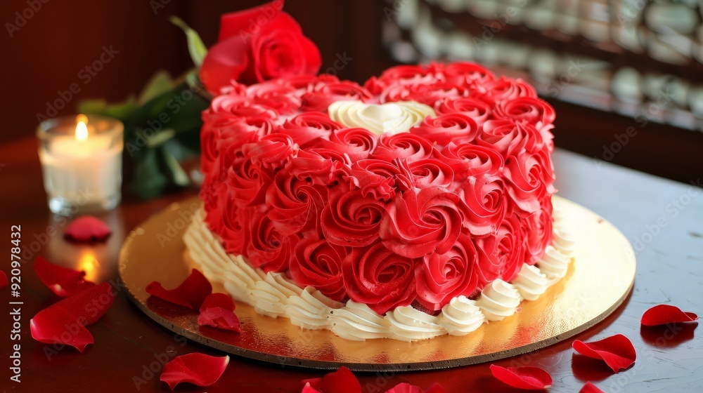 Heart Shaped Cake with Red Rose Decoration Heart Shaped Cake with Red Rose Decoration