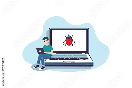Virus and computer bug color line icon. Laptop with bug on display vector outline colorful sign.