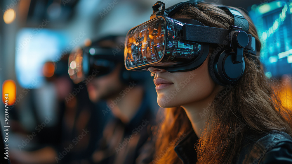 Team members using virtual reality to simulate project scenarios and test different strategies in a high-tech office Team members using virtual reality to simulate project scenarios and test different strategies in a high-tech office