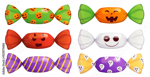Halloween sweet spooky candy set. Trick or treat party poster design element isolated on white.