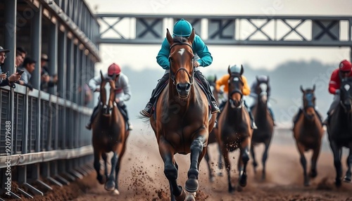 A horse race portrait from the starting gate shows the lead horse bursting out, dirt flying, and jockeys in focus, conveying excitement.