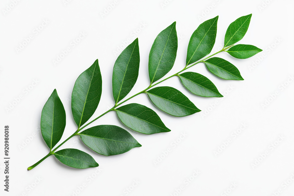 Naklejka premium A high-resolution image of a fresh green branch with glossy leaves, isolated on a white background, perfect for nature or botanical themes.