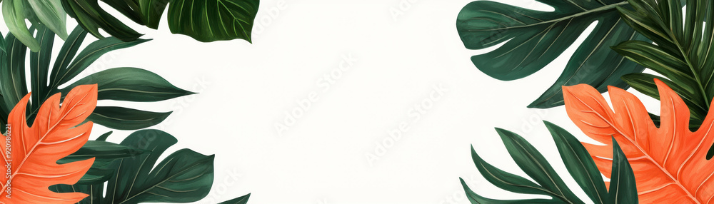 Illustration of tropical leaves with a white background, vibrant green and orange foliage framing the top and bottom, perfect for banners or invitations. Illustration of tropical leaves with a white background, vibrant green and orange foliage framing the top and bottom, perfect for banners or invitations.