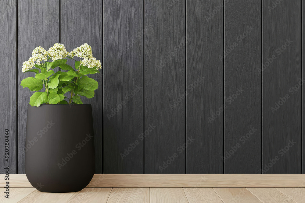 Modern minimalist interior with a black vase holding white flowers against a dark wooden panel wall and light wood floor, creating a striking contrast. Modern minimalist interior with a black vase holding white flowers against a dark wooden panel wall and light wood floor, creating a striking contrast.
