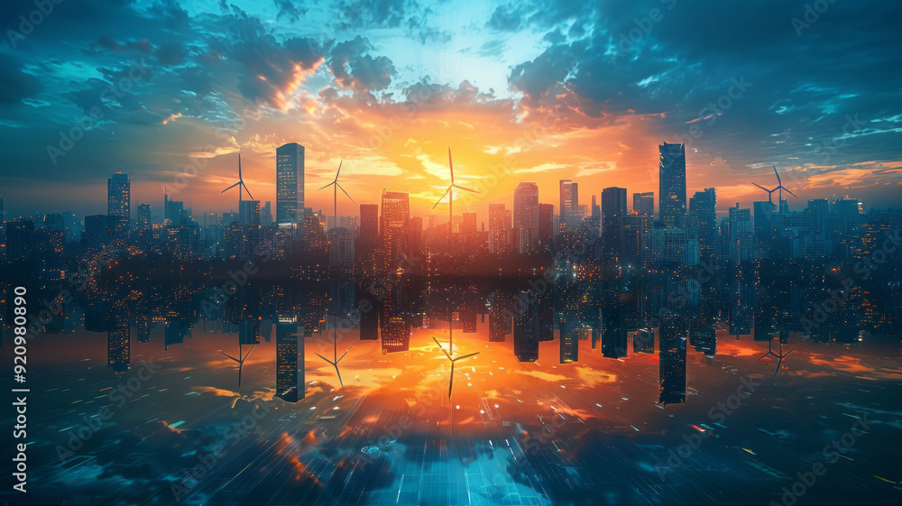 A vibrant and dynamic image of a modern cityscape with wind turbines and solar panels integrated into the buildings, A vibrant and dynamic image of a modern cityscape with wind turbines and solar panels integrated into the buildings,
