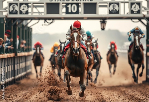 A horse race portrait from the starting gate shows the lead horse bursting out, dirt flying, and jockeys in focus, conveying excitement.