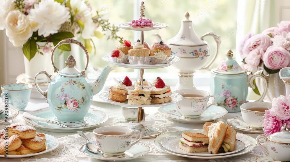Elegant Afternoon Tea Party with Floral Tea Set and Delicate Treats Elegant Afternoon Tea Party with Floral Tea Set and Delicate Treats